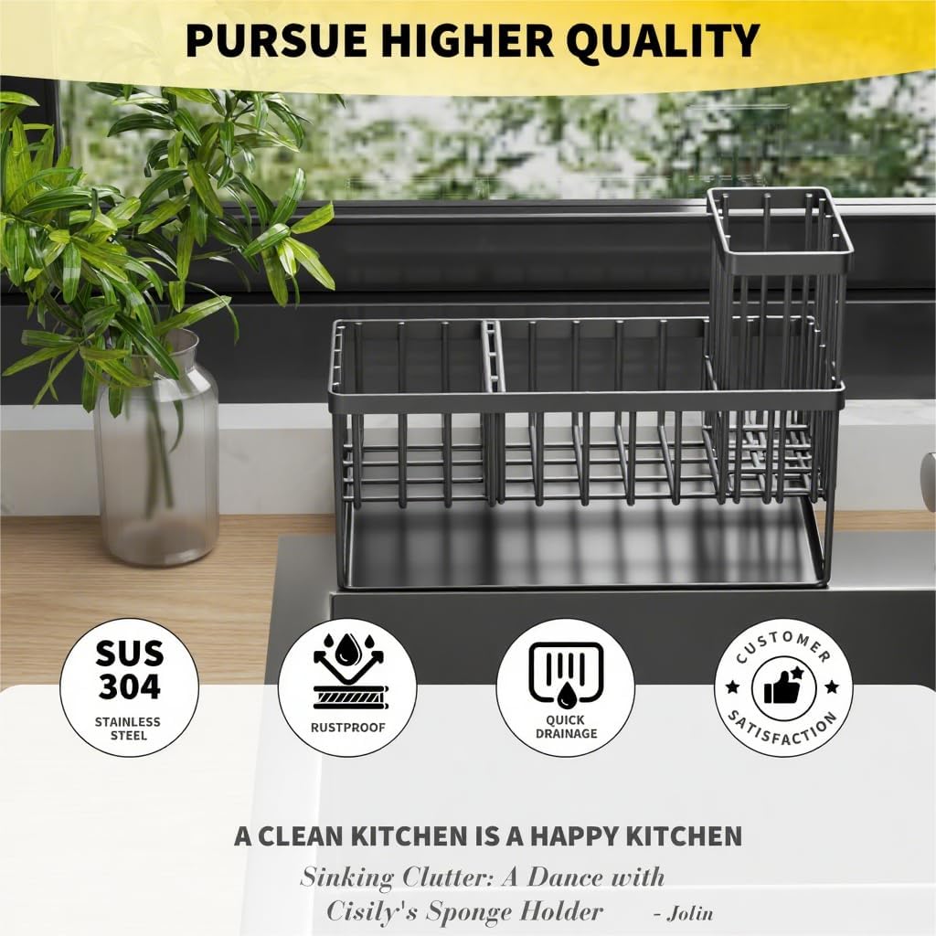 Cisily Sink Caddy Organzier with High Brush Holder, Sponge Holder for Sink, 304 Rustproof Stainless, Kitchen Countertop Soap Dispenser Organizer, Dark Gray Kitchen Decor and Accessories