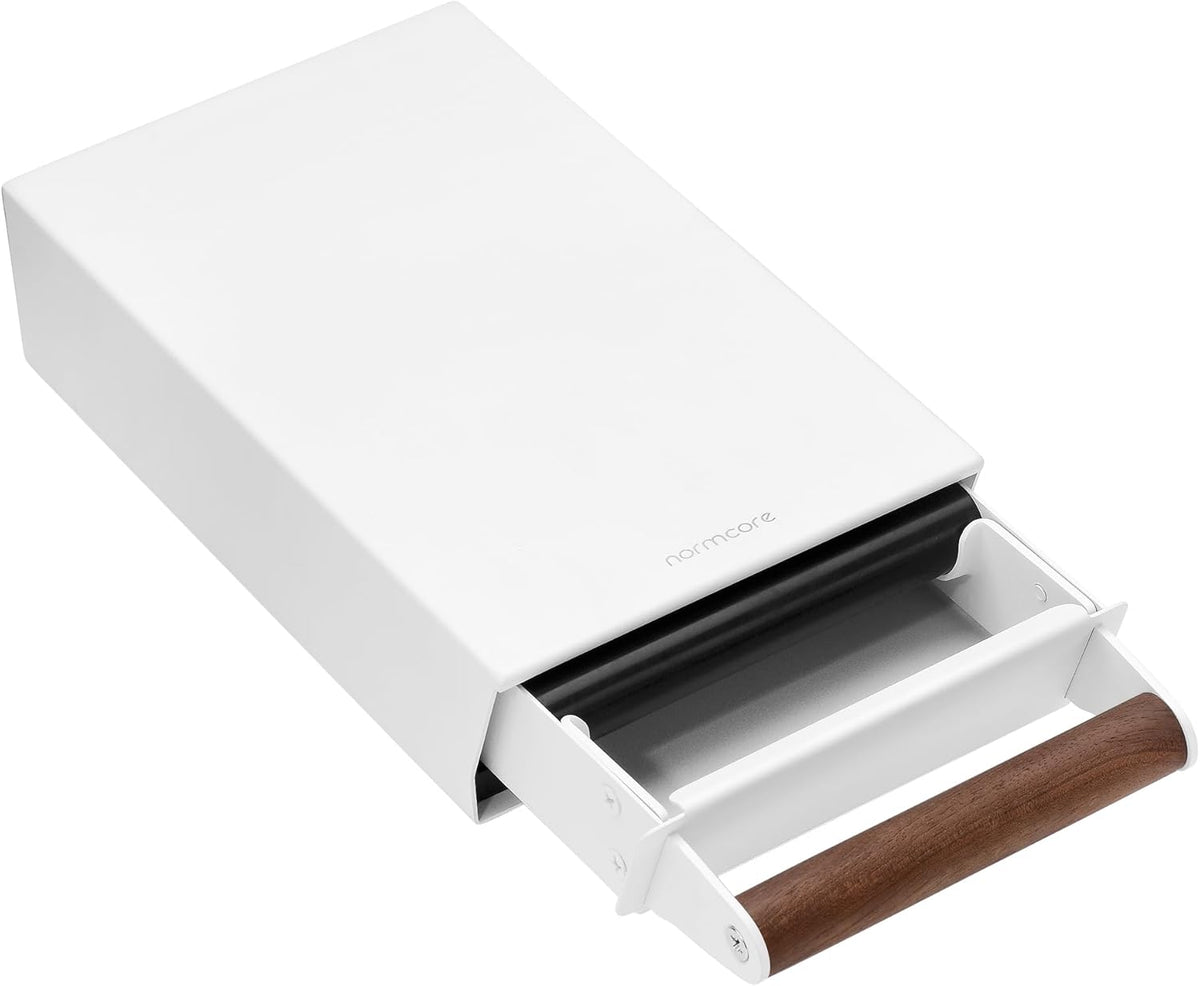 Normcore Espresso Knock Box, Coffee Knocker Drawer with Genuine American Walnut Handle, Under Grinder Knock-out Drawer, Removable Knock Bar and Non-Slip Base, 304 Stainless Steel, Size: S, White
