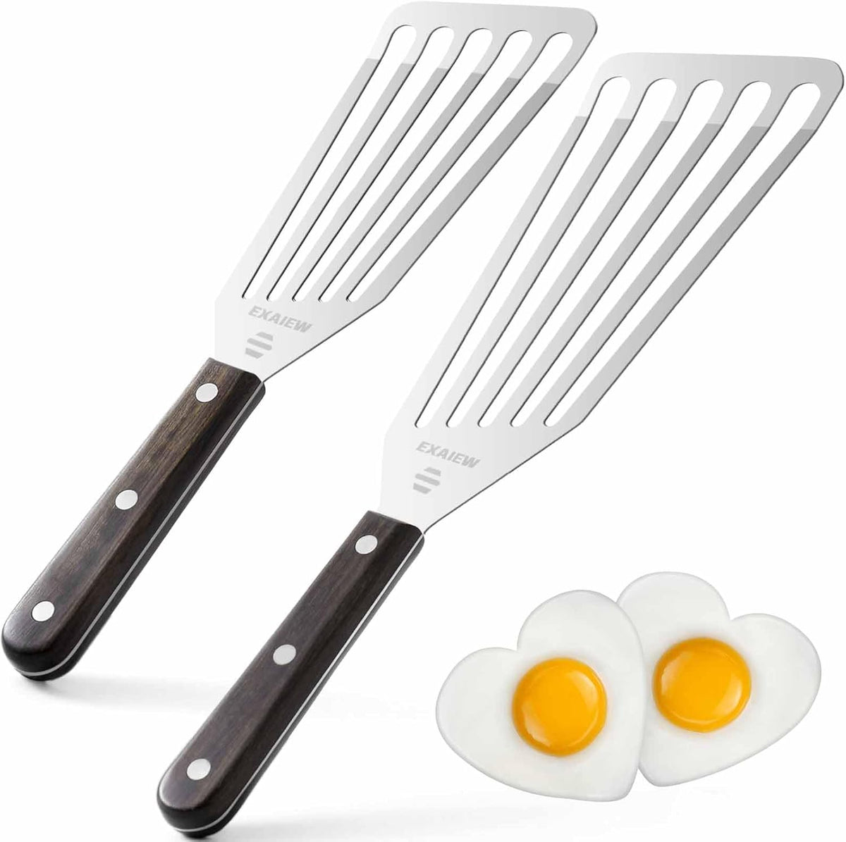 2 Pack Fish Spatula Stainless Steel，Flexible Metal Spatula Perfect for Flipping Eggs, Burgers and Baking, Durable Lightweight Kitchen Slotted Turner for Cooking & BBQ [Wooden Handle]