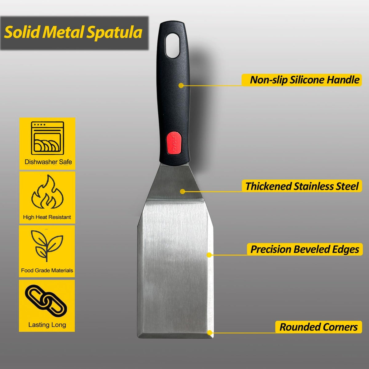 Professional Metal Spatula for Cast Iron Skillets and Flat Top Grills, Full Tang Silicone Handle,Thickened Stainless Steel Blade, Smash Burger Spatula Turner for Flipper, Cooking, BBQ, 5 x 2.75 Inch