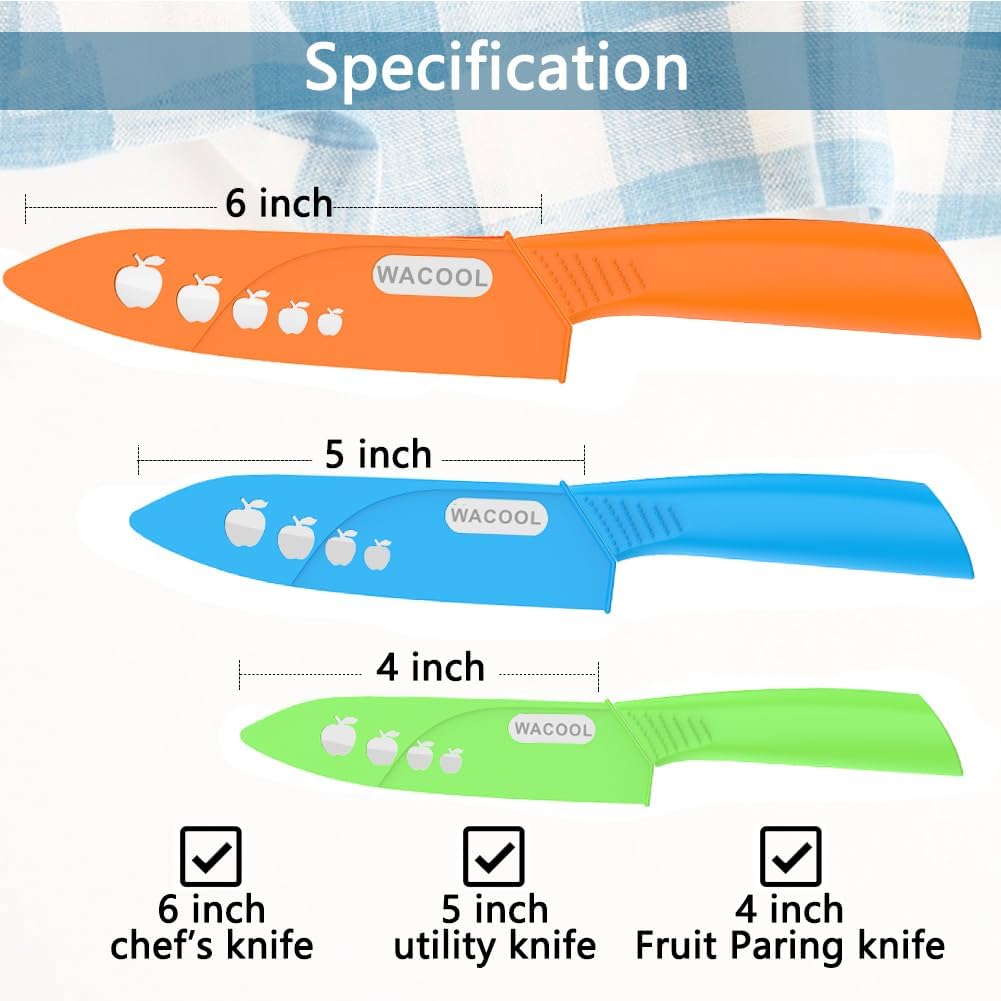 WACOOL Ceramic Knife Set 3-Piece (6-inch Chef's Knife, 5-inch Utility Knife,4-inch Fruit Paring Knife), with 3 Knife Sheaths for Each Blade (Colorful Handle)