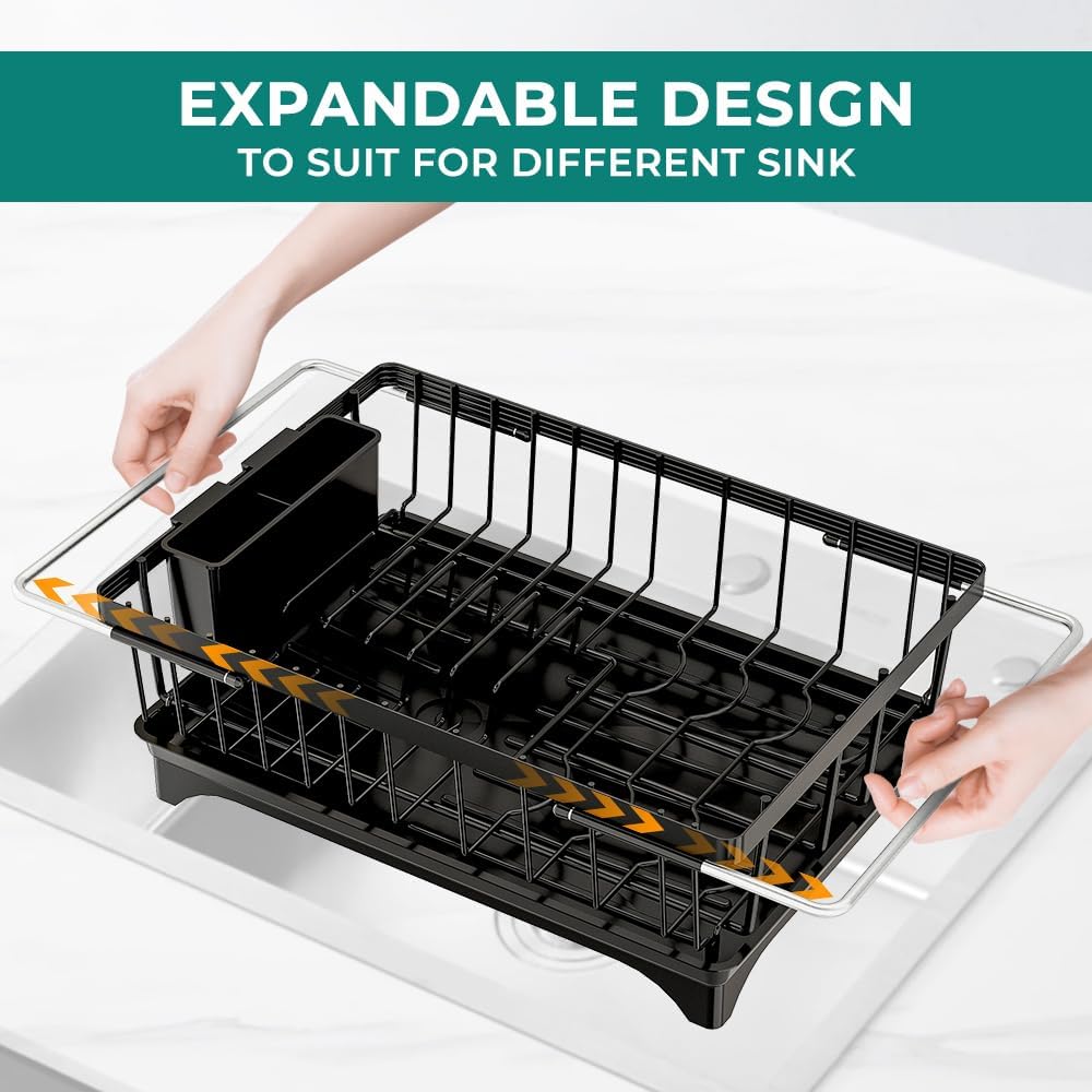Small Dish Drying Rack in Sink, Expandable Stainless Steel Dish Drainers for Kitchen Counter, with Drain Board & Utensil Holder(Black)