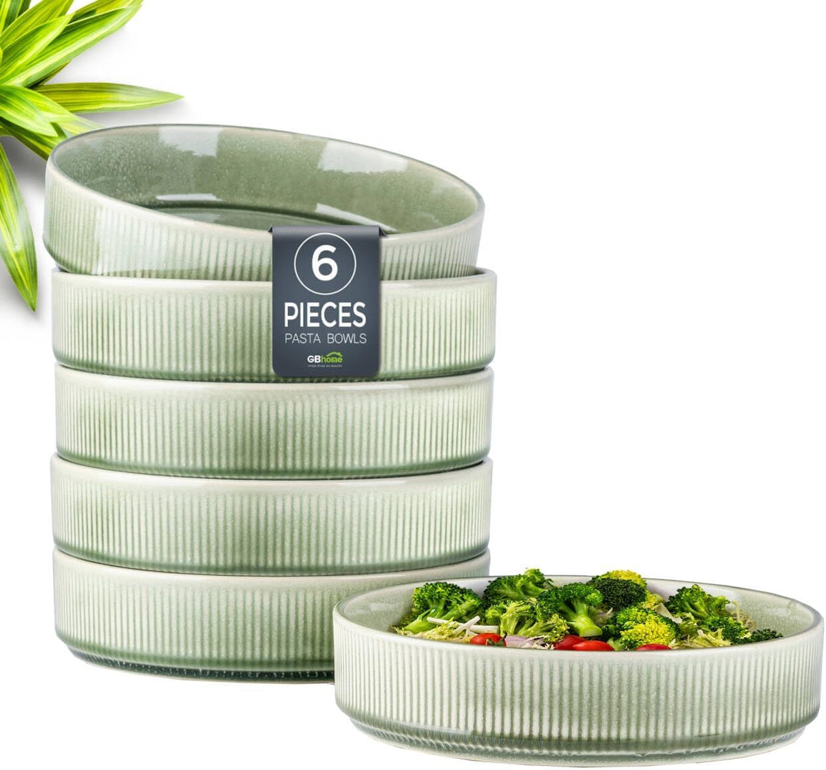 GBHOME 7.5'' Stoneware Pasta Bowls, Serving Bowls Set of 6 for Kitchen, Double Reactive Glaze Bowls for Fruit,Pasta,Salad,Oatmeal,Meal, Microwave Safe (6 pcs)