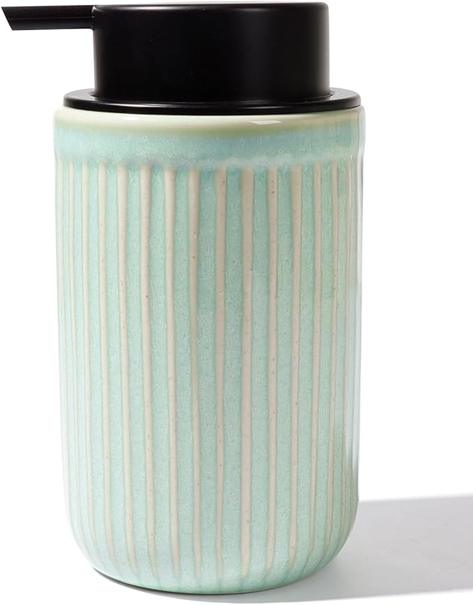 BosilunLife Dish Hand Soap Dispenser - Liquid Pump Soap Dispenser for Bathroom Deco Light Green 12oz Ceramic Kitchen Dish Dispenser with Rust-Proof Liquid Pump Modern Refillable Lotion Bottles