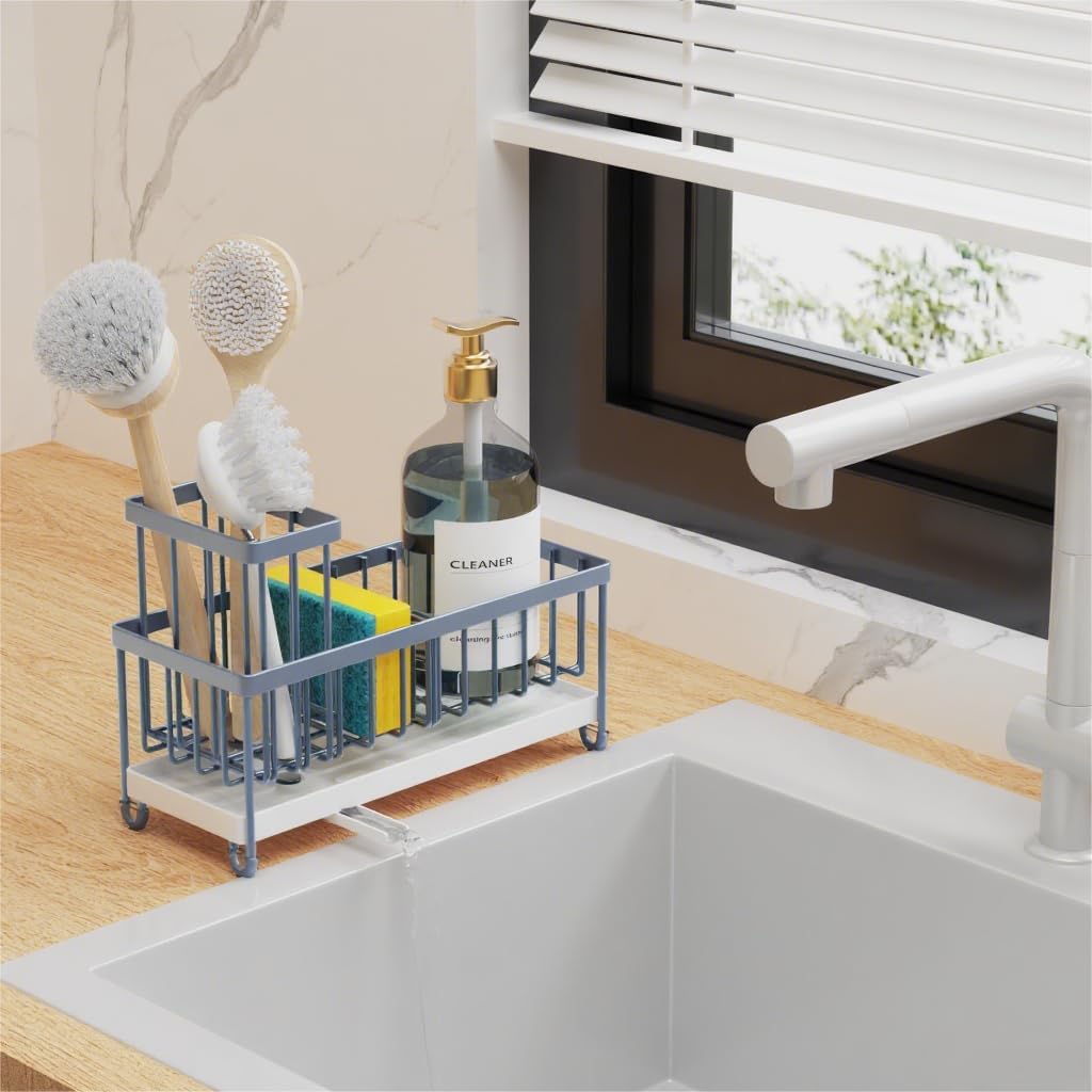 Cisily Blue Gray Sponge Holder for Kitchen Sink, Sink Caddy Organizer with High Brush Holder, Kitchen Countertop Organizers and Storage Essentials, Rustproof 304 Stainless Steel, Soap Dispenser