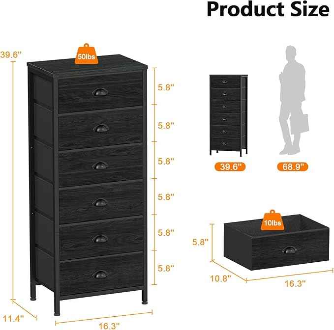 Furnulem Tall Dresser with 6 Drawers,Vertical Bedside End Table & Chest for Bedroom,Black Storage Tower Dorm Nightstand with Fabric Drawer Organizer Unit Furniture in Living Room,Closet,Hallyway