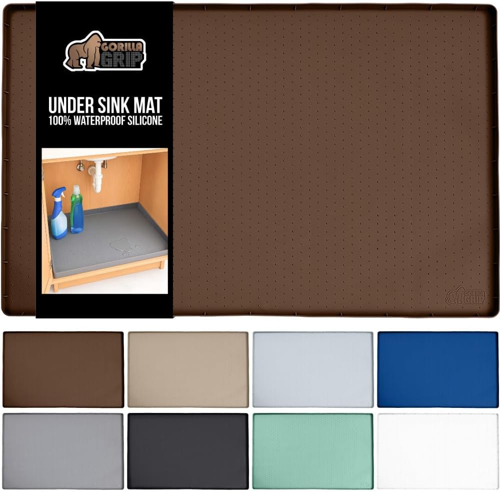 GORILLA GRIP Waterproof Silicone Under Sink Mat with Raised Lip for Kitchen and Bathroom, 31 x 22 in, Cabinet Shelf Liner Stay in Place Mats Dishwasher Safe Drawer Liner, Organizer Tray, Coffee