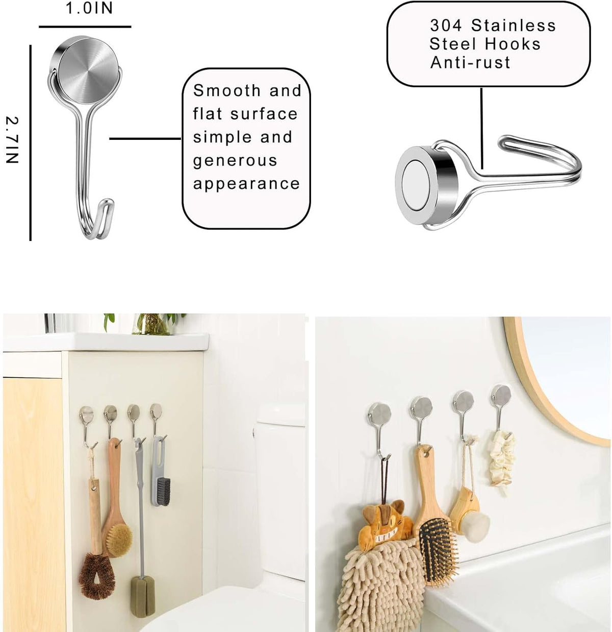 Magnetic Hooks, Heavy Duty 304 Stainless Steel Magnet Hooks for Cruise Refrigerator Grill,Strong Magnet with Hooks for Home Kitchen, Garage Toolbox,4pack （Silver,1.1in-1 22Lbs）