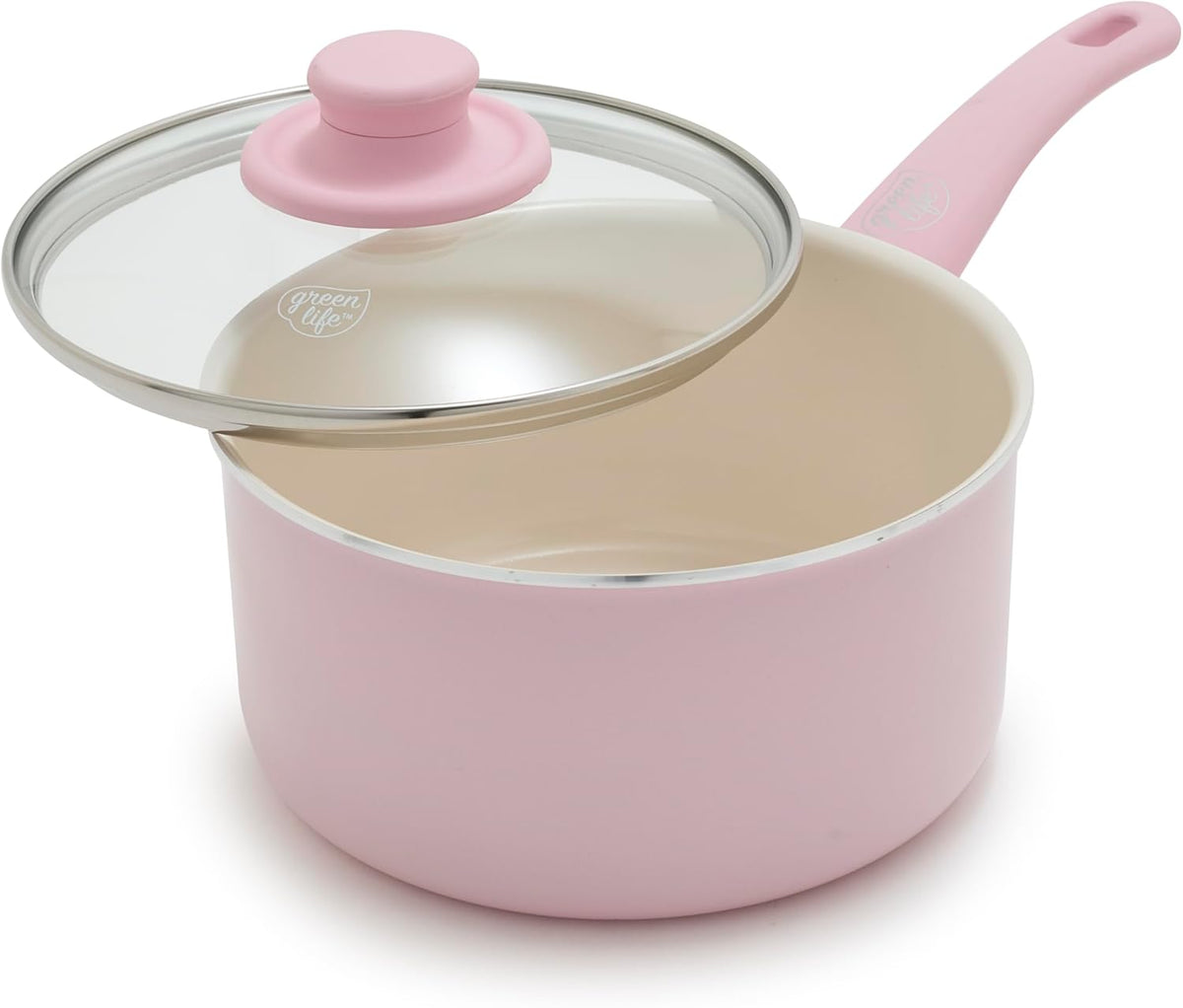 GreenLife 2 Quart Ceramic Nonstick Saucepan with Lid, PFAS-Free, Stay-Cool Handle, Multipurpose Kitchen Cooking Pot, Dishwasher & Oven Safe, Pink