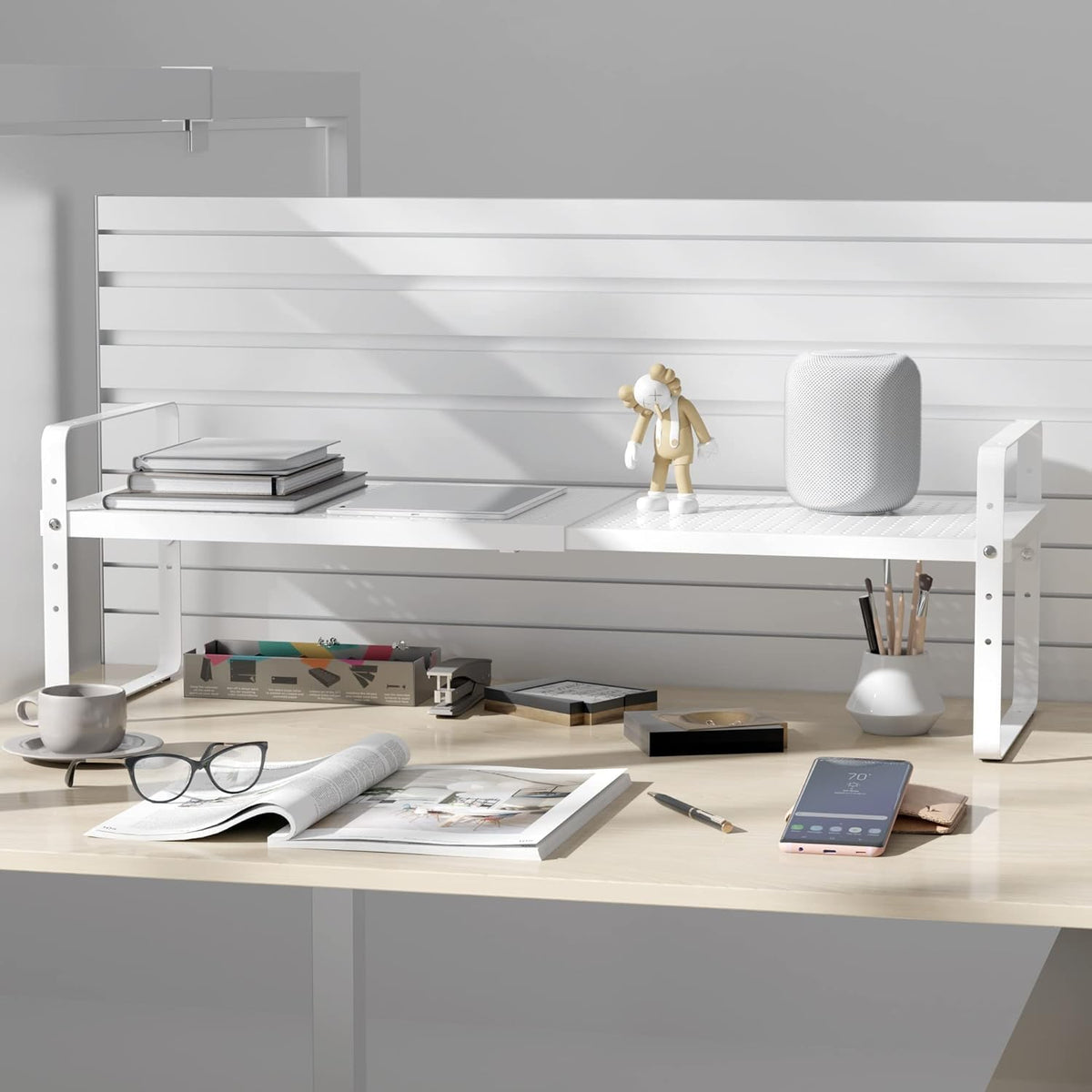 Expandable Cabinet Shelf Organizer Adjustable Metal Spice Rack Stackable Freestanding Counter Storage Shelves for Kitchen Cabinet Under Sink Office Desk (White - 3Pack - L16.5-27'' * W10.2'' * H9.6'')