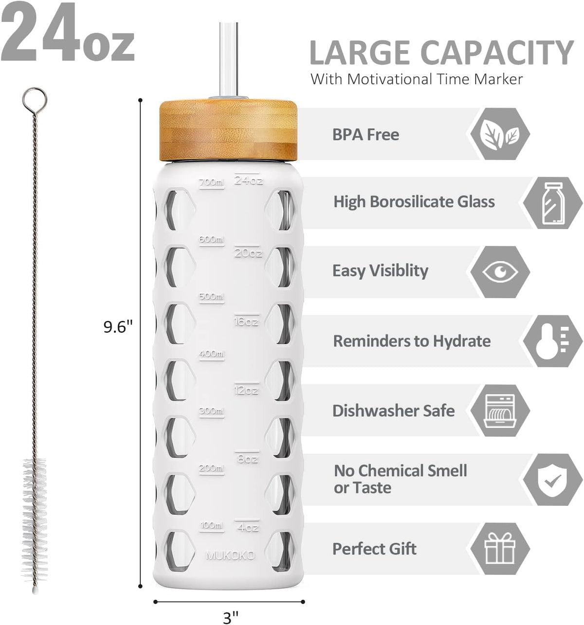 MUKOKO 24oz Glass Water Bottle with 2 Lids-Handle Flip Lid&Bamboo Straw Lid,Motivational Water Tumbler with Time Marker Reminder and Silicone Sleeve, Leakproof-White