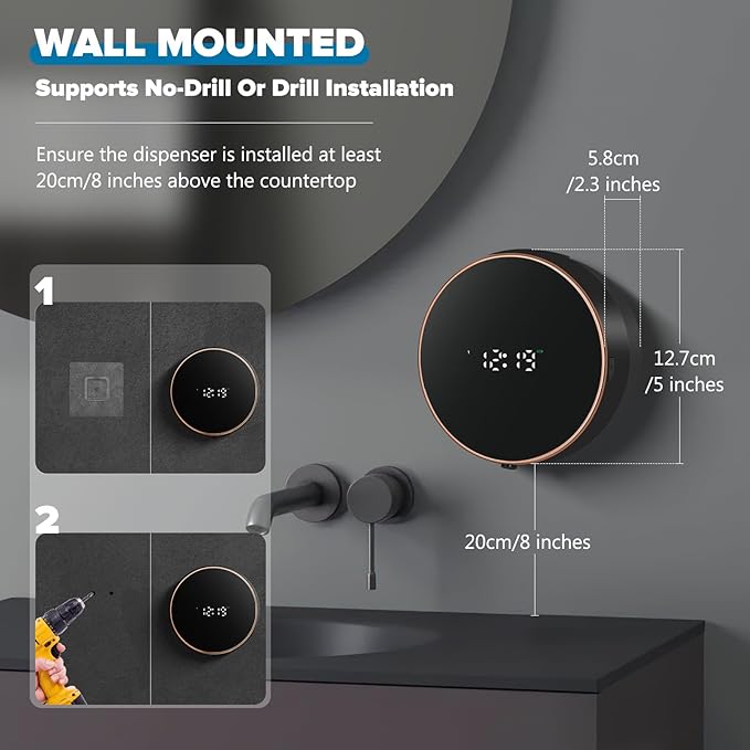 Automatic Soap Dispenser Liquid Bathroom: Wall Mount Rechargeable Touchless Adjustable Auto Smart Electric Plastic Black Soap Dispenser with Clock - Kitchen - Hand Dish Lotion Couple Kids