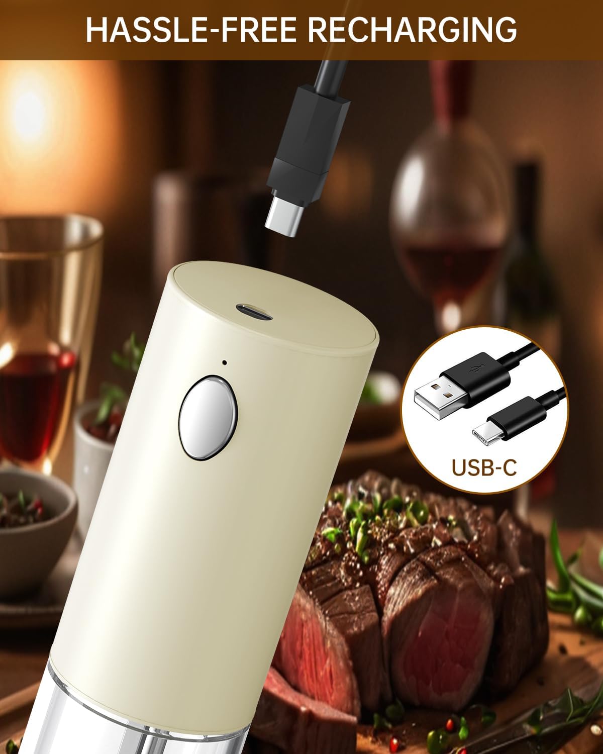 CIRCLE JOY Electric Salt and Pepper Grinder Set Rechargeable Salt and Pepper Mills with Storage Base, Adjustable Coarseness and LED White Light, Washable 95ml Container, Light Yellow