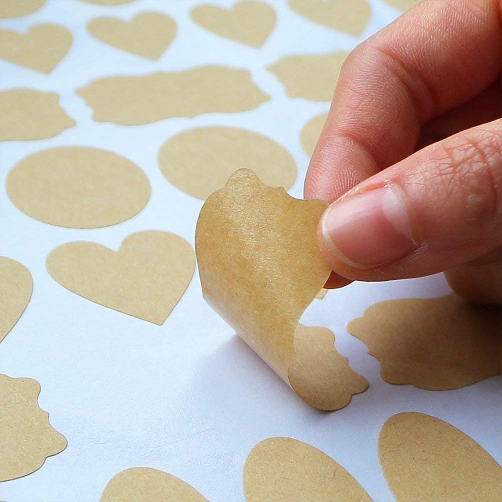 Nardo Visgo Natural Brown Kraft Paper Label Stickers,Removable Assorted Size and Shapes Kraft Labels for Essential Oil Bottles,Mason Jars,Storage Containers or Gift Decoration,Free Black Marker,285pcs