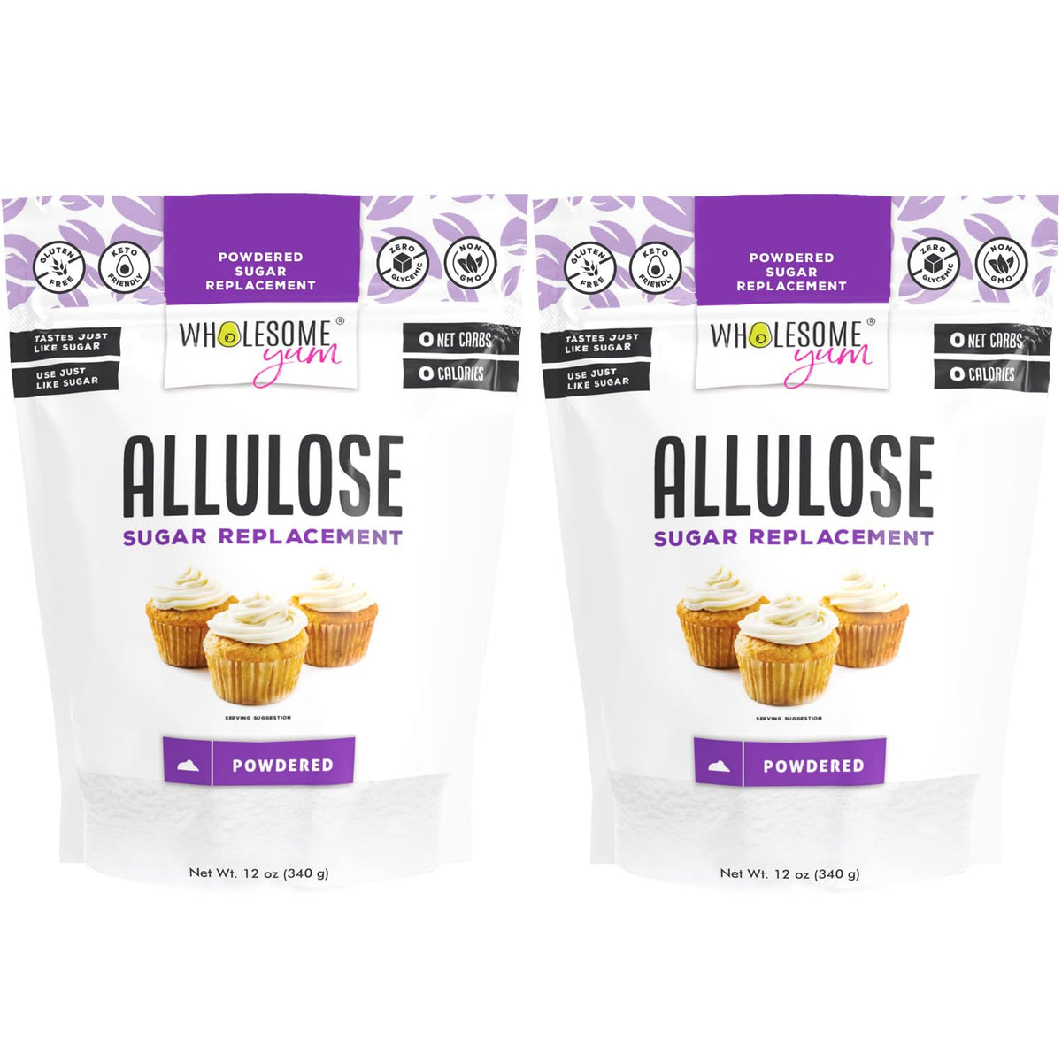 Wholesome Yum Powdered Allulose Sweetener - Natural Keto Powdered Sugar Substitute - Non GMO, Zero Carb, 0 Calorie, Sugar Free, No Aftertaste - Confectioners Sugar Replacement (12 oz, 2 Pack)