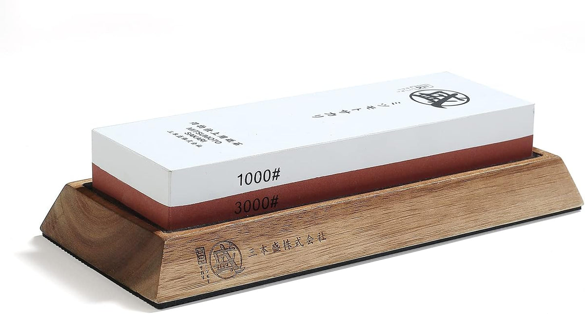 MITSUMOTO SAKARI Japanese Knife Sharpening Stone, Professional Double-Sided Whetstone 1000/3000 Grit, Kitchen Knife Sharpener Stones with Non-Slip Wooden Seat