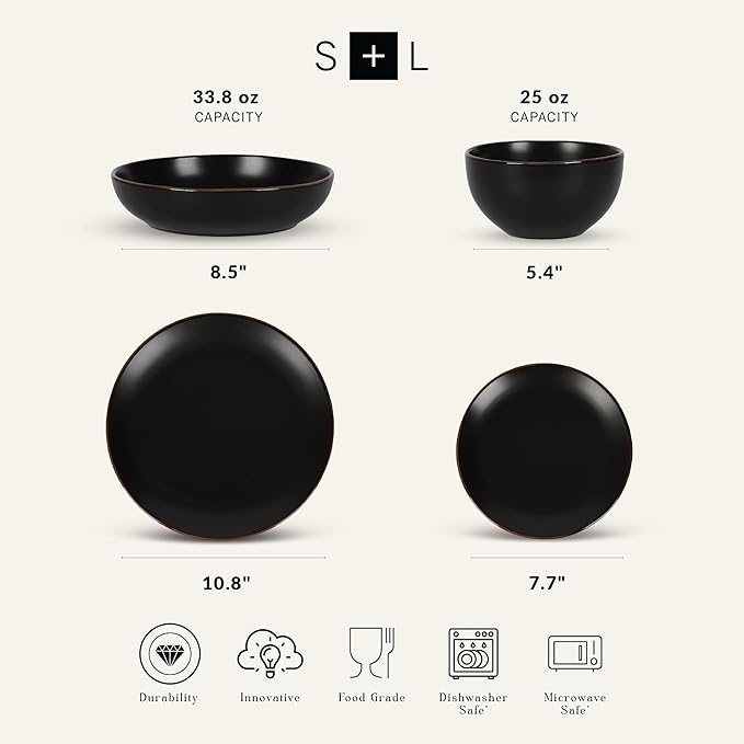 Stone Lain Brasa Modern Stoneware 16 Piece Dinnerware Sets, Plates and bowls Sets, Dish Set for 4, Black