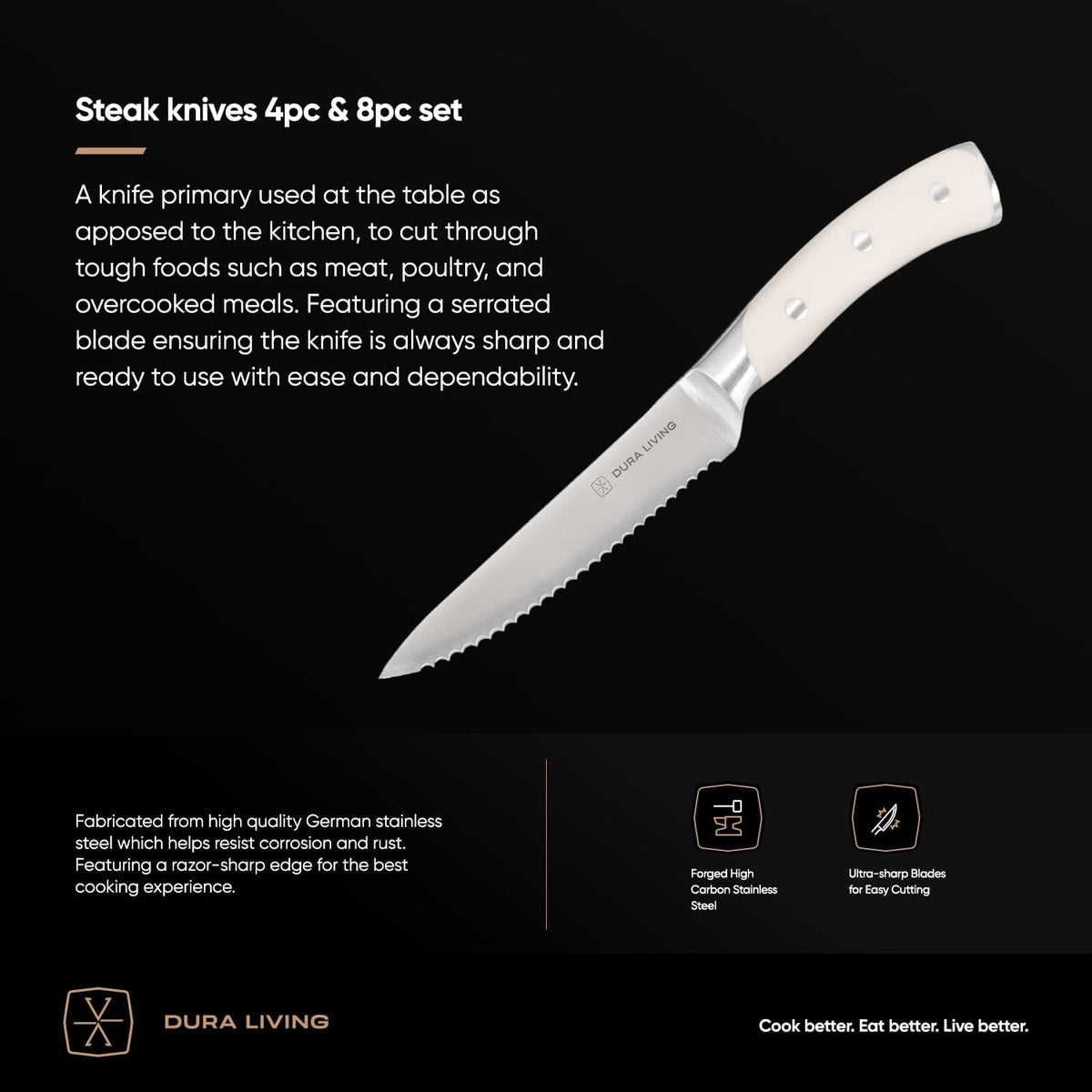 4-Piece Serrated Kitchen Steak Knife Set – Forged High Carbon Stainless Steel, Ultra Sharp, Ergonomic Black Handles, Durable Dinner Knives, Cream Handle