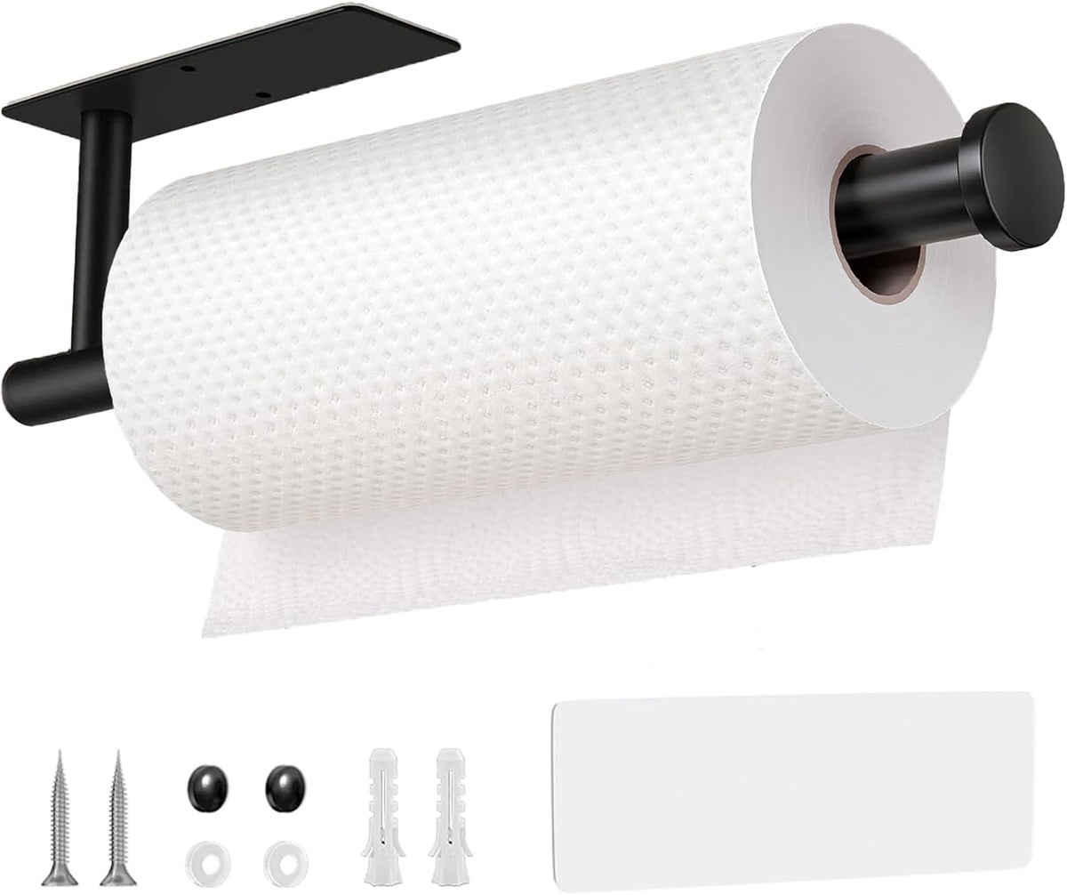 Self Adhesive or Drilling Paper Towel Holder Under Cabinet,Black Stainless Steel Hanging Paper Towel Holder Wall Mount for Kitchen Paper Towel,Under Counter Paper Towel Roll Rack for Home,Bathroom,RV