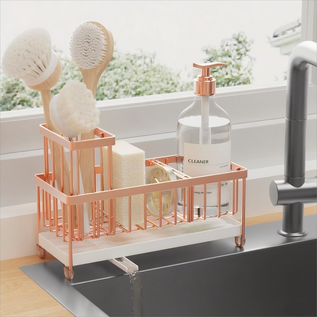 Cisily Rose Gold Sponge Holder for Kitchen Sink, Sink Caddy Organizer with High Brush Holder, Kitchen Countertop Organizers and Storage Essentials, Rustproof 304 Stainless Steel, Soap Dispenser