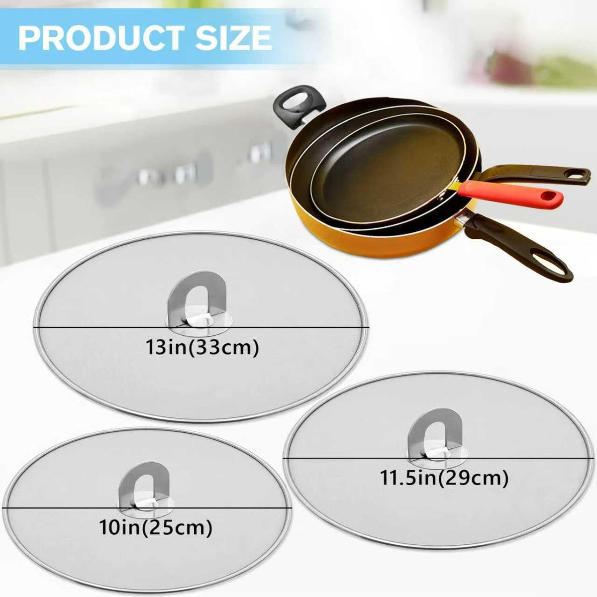 Splatter Screen for Cooking - Stainless Steel Grease Splatter Guard for Frying Pan with Foldable Knob, As a Strainer Set of 3(10", 11.5", 13"), Dishwasher Safe