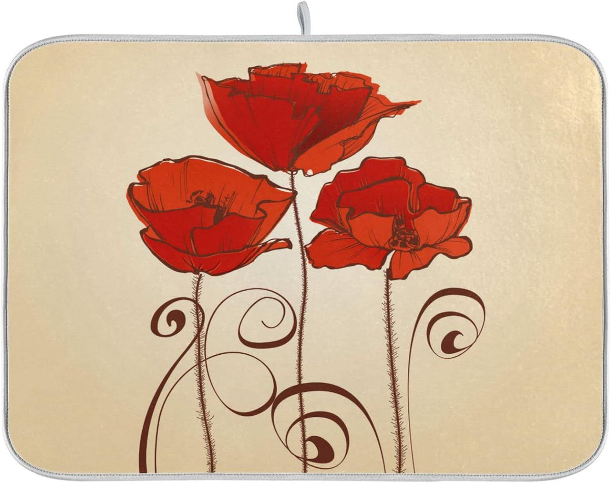 senya Super Absorbent Dish Drying Mat, Microfiber Fast-Drying 24''x18'', Kitchen Pad, Red Poppy Flowers Retro,(g289343168p523c558s1114)