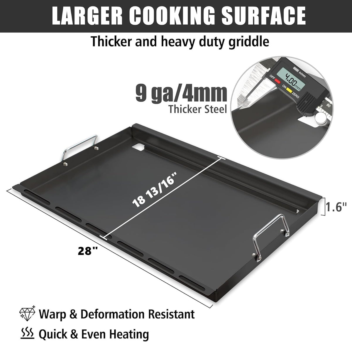 Full Size Griddle with Handles for Kitchen Aid 720-0745D 730-0745, Flat Top Grill Insert Replacement for KitchenAid 730-0745B 730-0745D 720-0819 740-0780, Carbon Steel, Non-stick