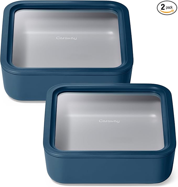 Caraway 2pc Glass Food Storage Set - 10 Cup Food Containers (2) - Ceramic Coated - Non Toxic, Non Stick Lunch Box with Lids. Dishwasher, Oven, & Microwave Safe - Navy