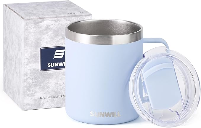 SUNWILL Insulated Coffee Mug with Lid, Travel Tumbler with Handle, 14 oz Stainless Steel Cup for Camping, Office, Home, Powder Coated Iceberg