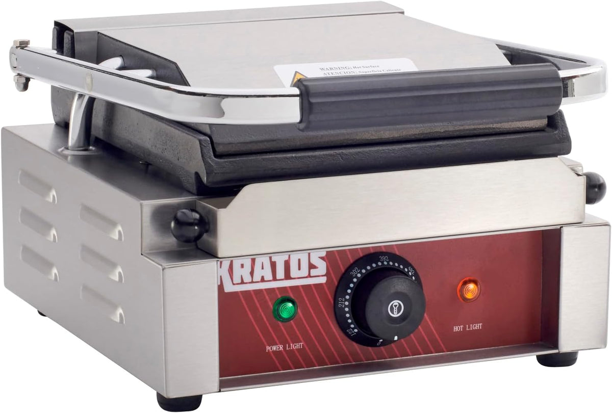 Kratos Commercial Electric Panini Sandwich Grill with Smooth Plates, 9" x 9" Cooking Surface, Commercial Countertop Panini Press, 120V, 1750W (29Y-018)