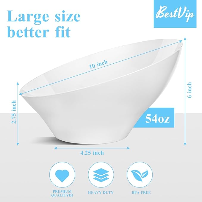 BESTVIP 54oz White Plastic Serving Bowls for Party - 12 Pack Angled Disposable Serving Bowls, Party Bowls for Chips, Snacks, Fruit, Salad - Bowls for Parties, Daily Use,Halloween, Christmas