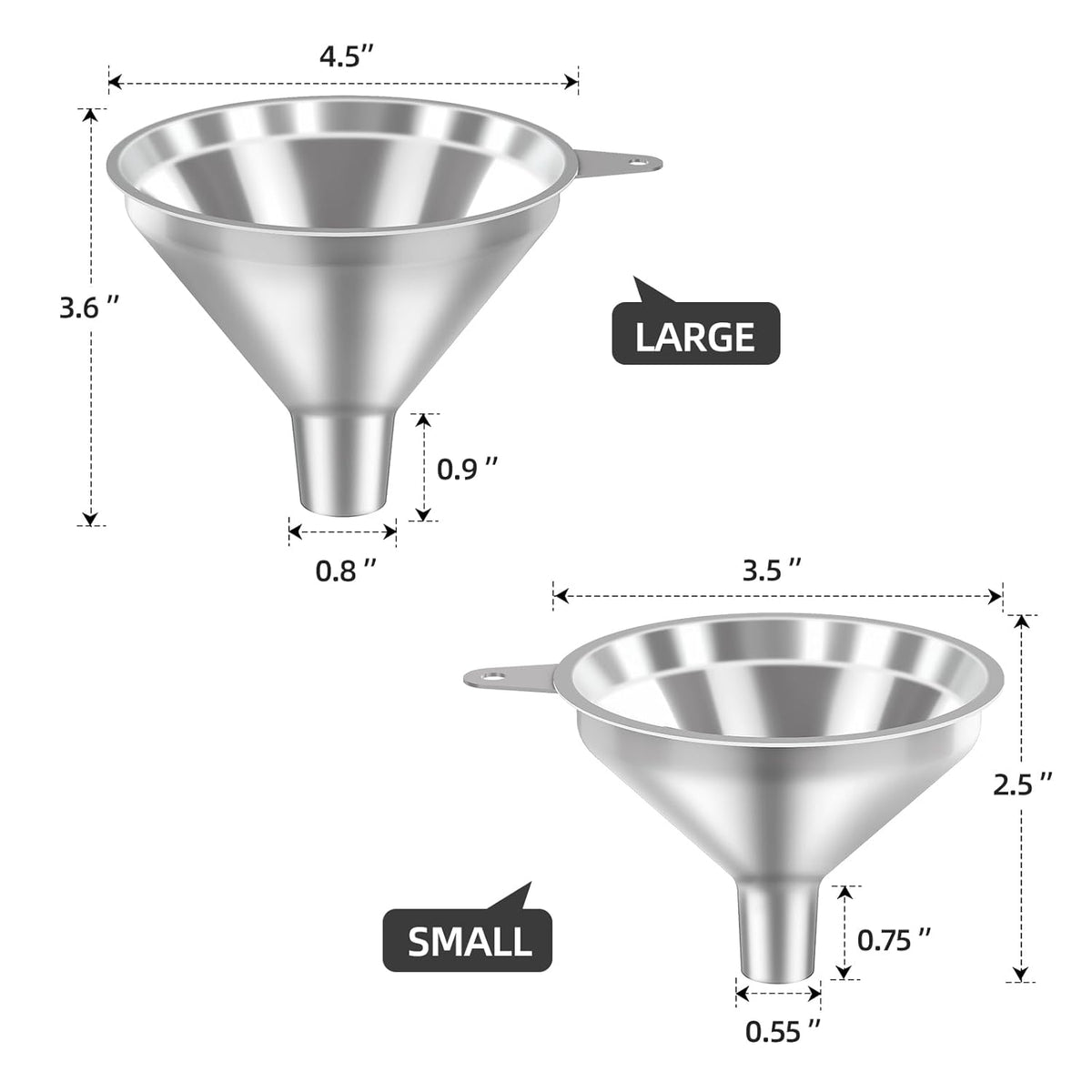 3-Piece Stainless Steel Kitchen Funnel Set for Kitchen Bottle Filling, 2 Funnel Sizes and 1 Strainer for Oils, Liquids, Fluids, Dry Ingredients and Powders, Durable, Washable
