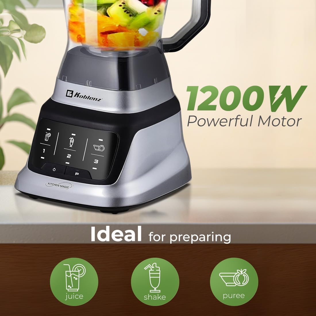 Koblenz Professional Blender, Countertop Blender for Shakes and Smoothies with 3 Speeds, 1200-W Motor, 68 Oz. Capacity, Super Silent Operation, Includes Tamper Accessory, Black/Chrome, LKM-9406