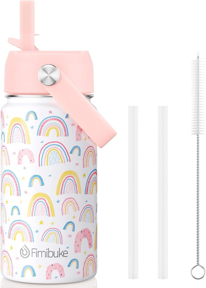 Fimibuke Kids Insulated Water Bottle, 14oz BPA FREE 18/8 Stainless Steel Travel Tumbler Double Wall Vacuum Leak Proof Kids Cup with Straw Metal Water Bottle for School Boys Girls(1 Pack, Rainbow)