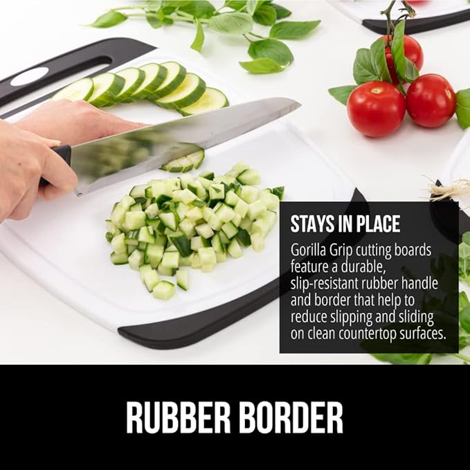 GORILLA GRIP BPA-Free Reversible Kitchen Cutting Board Set of 3, US Designed, Nonporous, Juice Grooves Catch Liquid, Slip Resistant Border, Durable Food Chopping Boards, Holiday Prep Essentials, Black