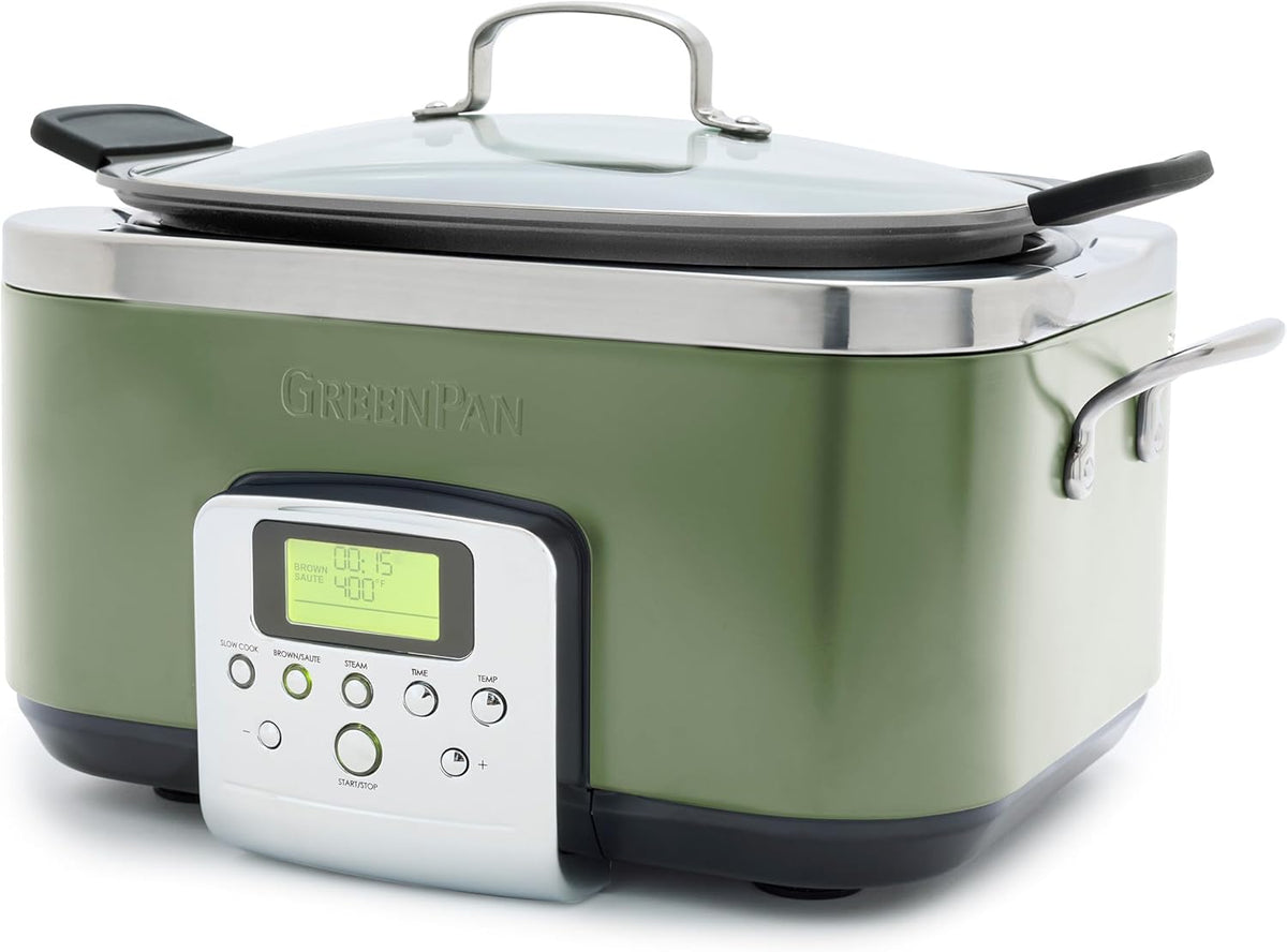GreenPan Elite 8-in-1 Programmable 6QT Electric Slow Cooker, Dishwasher Safe Lid & Removable Crock, PFAS-Free Healthy Ceramic Nonstick Multi-Cooker, Sear, Sauté, Brown, Steam Basket, Roast, Sage Green