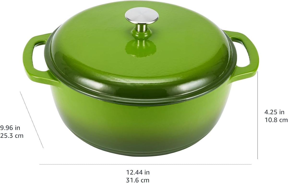 Amazon Basics Cast Iron Dutch Oven Pot with Lid, Enameled, Round, Dual Handles, Heavy-Duty, Small, 4.3-Quart, Green