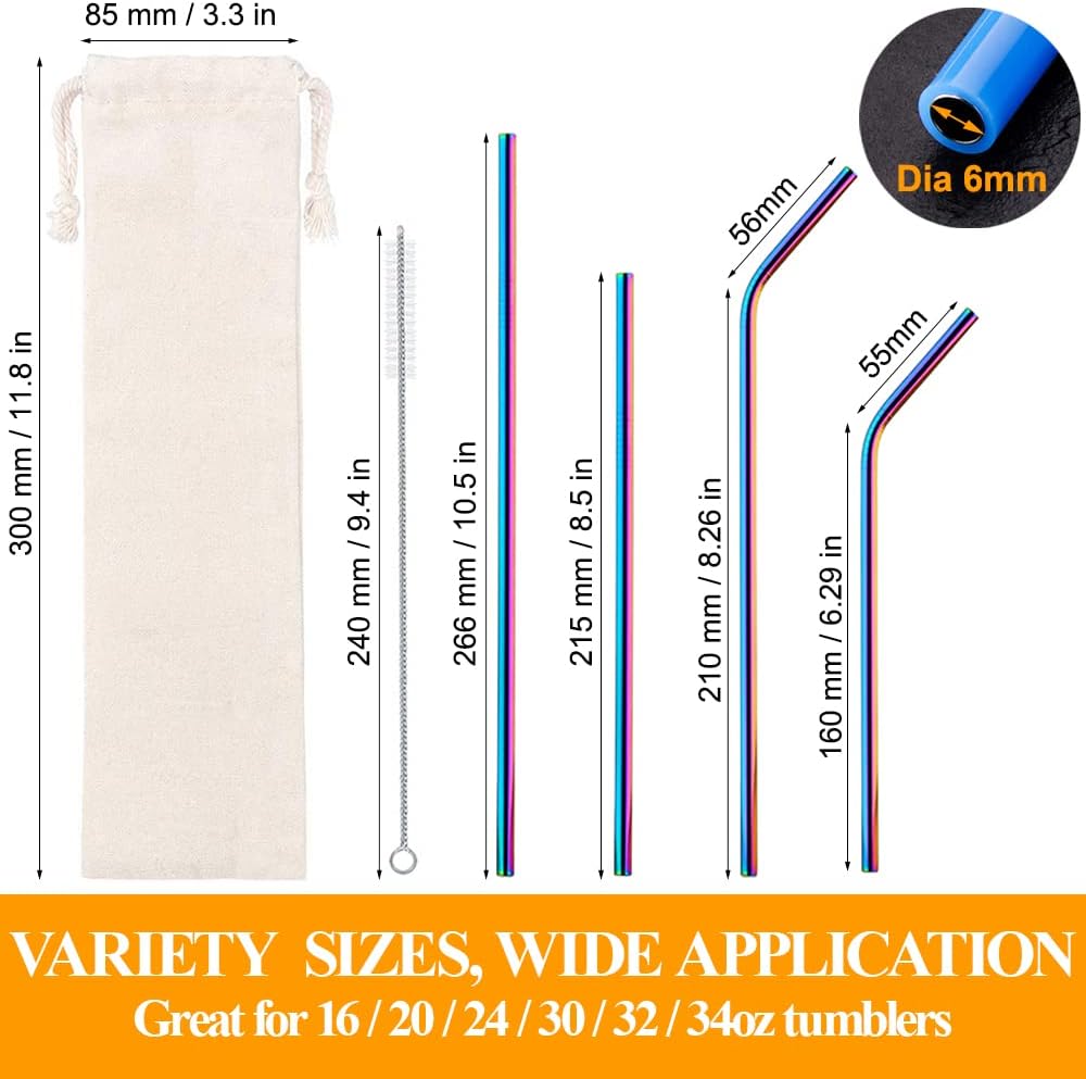 Lazycorner 16 Pcs Metal Straw Reusable 8.5" 10.5" 6mm Stainless Steel Straws for Tumblers 20oz-32oz, Rainbow Drinking Straws with Silicone Tips, 4 Straw Cleaner Brush, 1 Travel Case