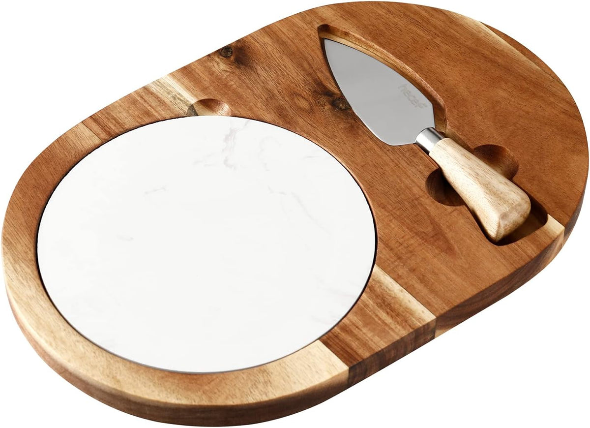 hecef Oval Wooden Cheese Board Set, Acacia Wood Cheese Serving Board with White Marble & Cheese Knife, Cheese Serving Tray for Cheese, Cake, Appetizers