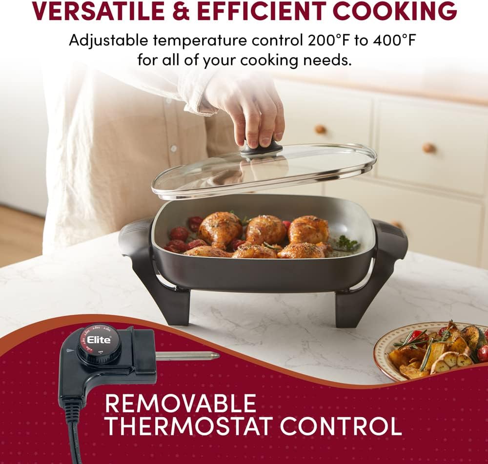 Elite Gourmet EG2212X 12"x12"x2.15” Ceralast™ PFAS Free Ceramic Electric Skillet, Dishwasher Safe, Rapid Heat Up, 1200W, Dark Grey