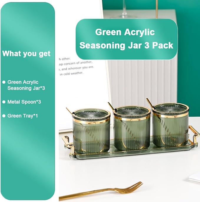 Acrylic Condiment Spice Jars,Condiment Spice Box With Lids and Spoons and Tray,Clear Plastic Condiment Canisters,Seasoning Box 3 Pack,Seasoning Box Set for Kitchen to Storage Salt,Paprika,Sugar