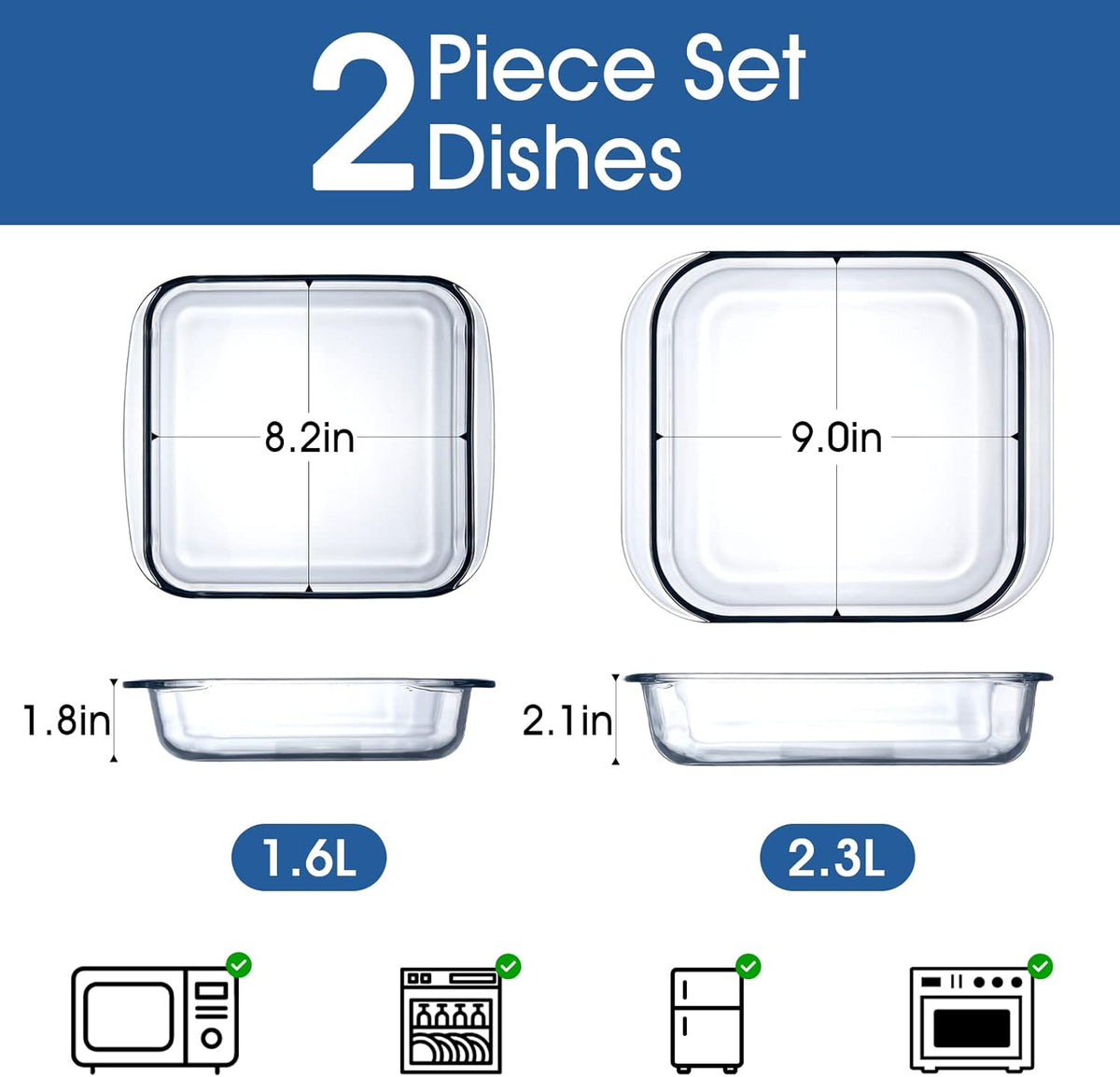 NUTRIUPS (1.7QT+2.4QT) Square Glass Baking Dish Set,2 Piece Square Glass Baking Pan (8.2x8.2 & 9x9 Inches)