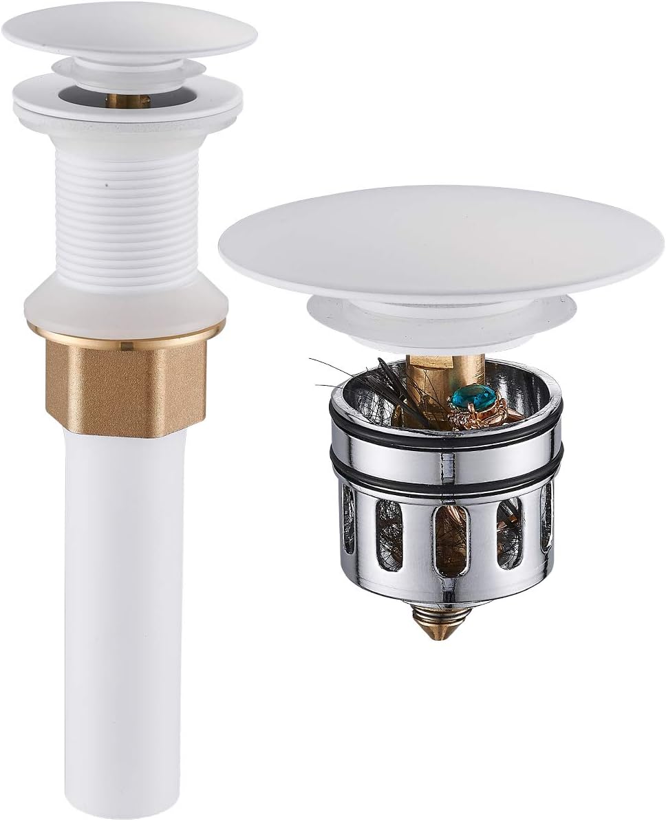 Pop Up Drain, Bathroom Faucet Vessel Vanity Sink Drain Stopper, Built-in Anti-Clogging Strainer, Without Overflow White,Fits Standard American Drain Hole(1-1/2" to 1-3/4") RWF082E