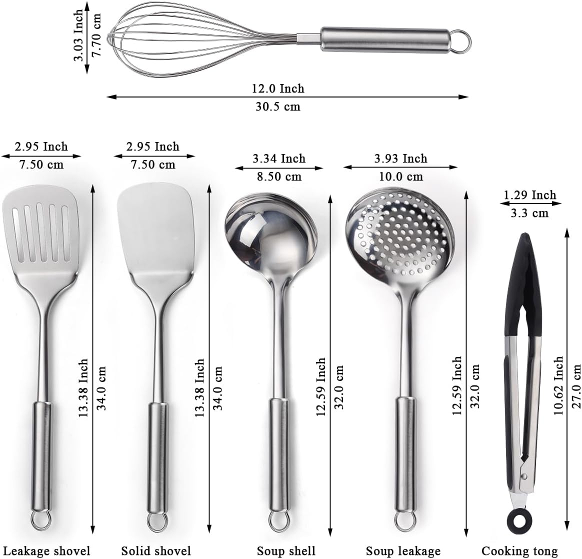 Stainless Steel Cooking Utensils Set 6 Pieces, Kitchen Tools Set Include Metal Spatula Set, Skimmer, Ladle, Tong, Whisk, Kitchen Gadgets Essentials New Home Must Have