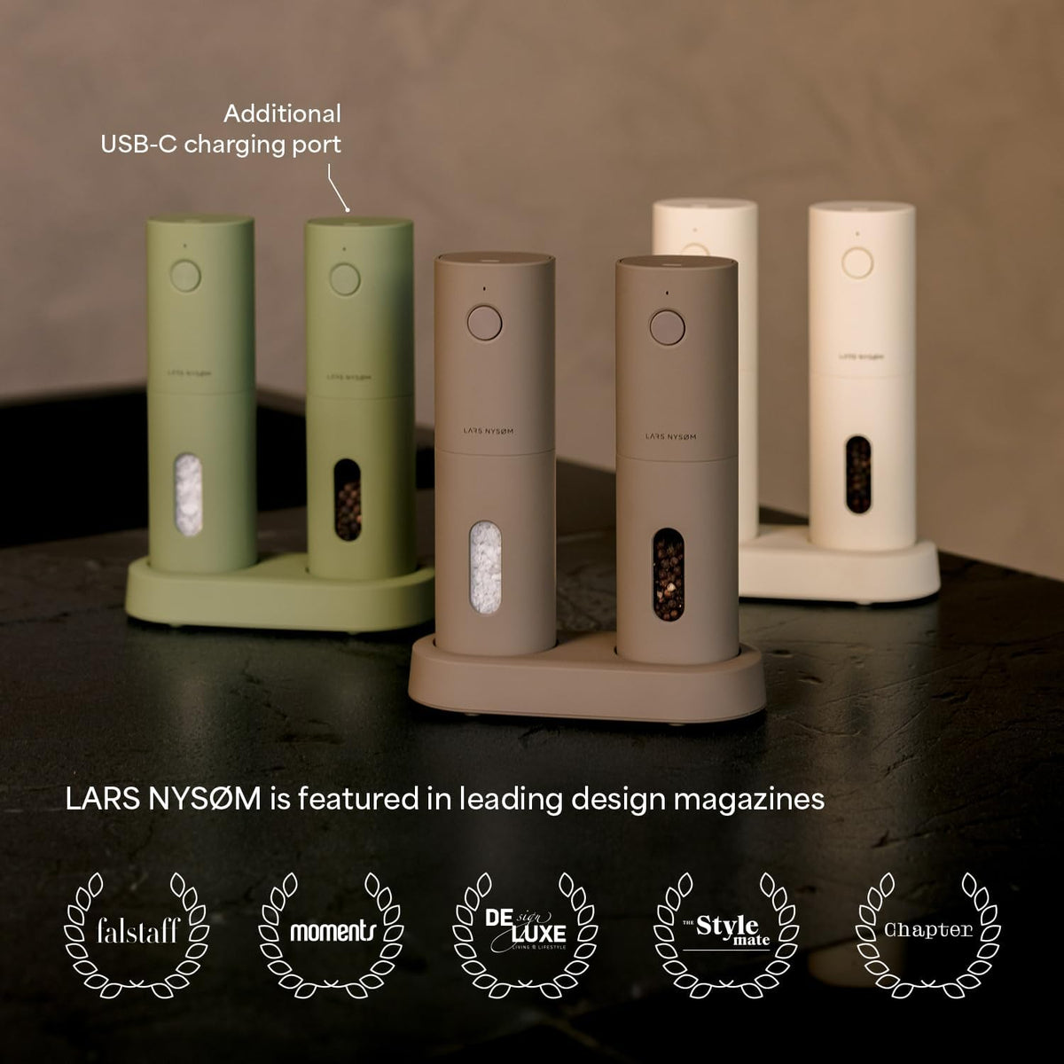 LARS NYSØM Electric Salt and Pepper Grinder Set, USB Rechargeable, Automatic Salt and Pepper Mills, Spice Shakers Refillable with LED Light, Adjustable Coarseness, Ceramic Grinder (Almond Beige)