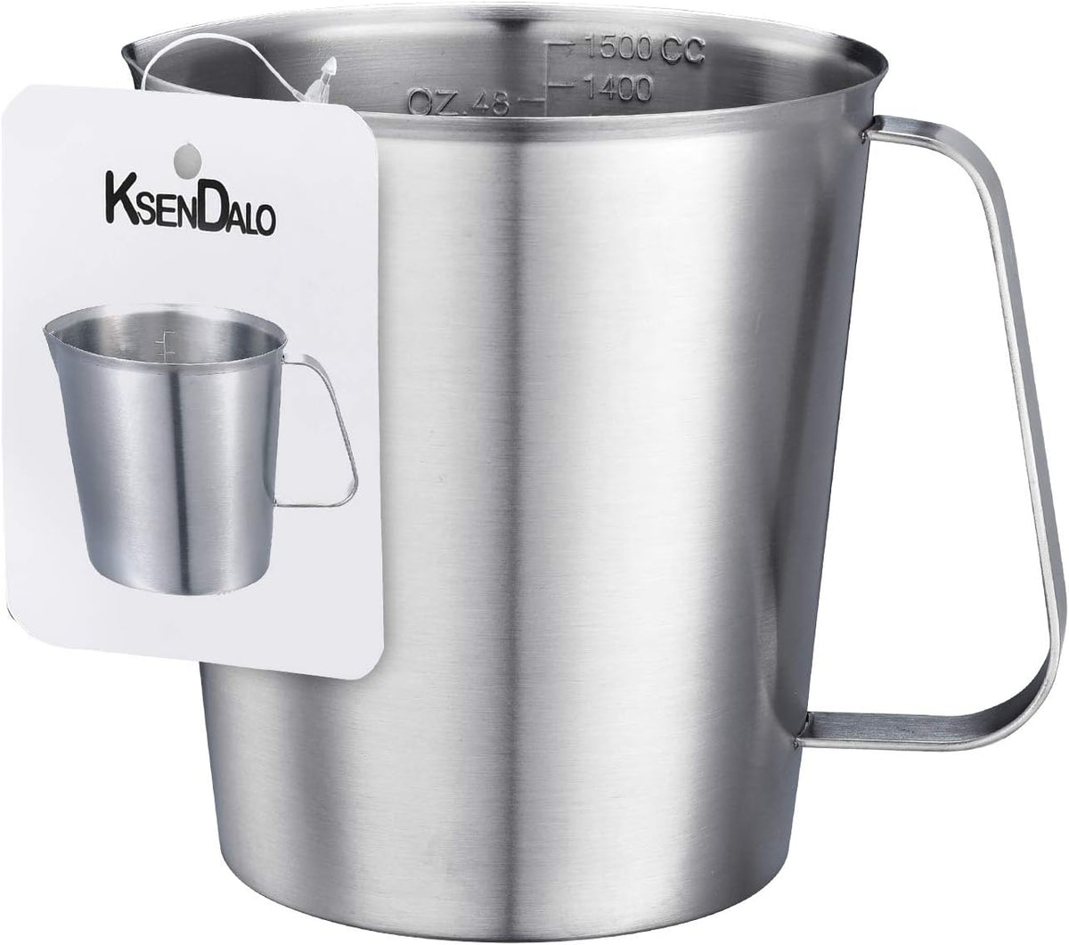 KSENDALO 48oz/6Cup SUS304 Stainless Steel Measuring Cup - Precision Engraved Markings for Liquid, Coffee, Milk & Espresso - 1.5Liter Kitchen Mixing Pitcher, Canister & Container for Baking & Frothing