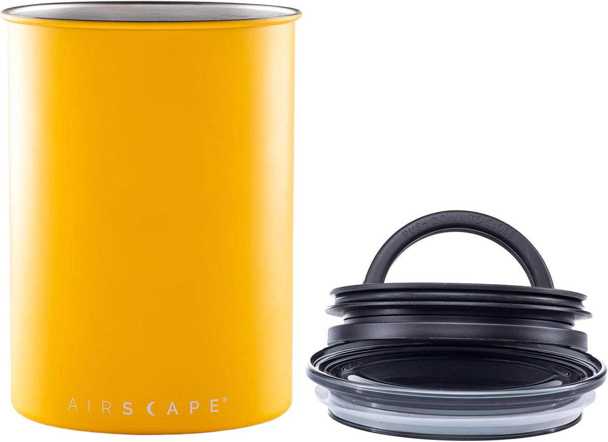 Planetary Design Airscape Stainless Steel Coffee Canister | Food Storage Container | US Patented Airtight Lid | Push Out Excess Air Preserve Food Freshness (Medium, Matte Yellow)