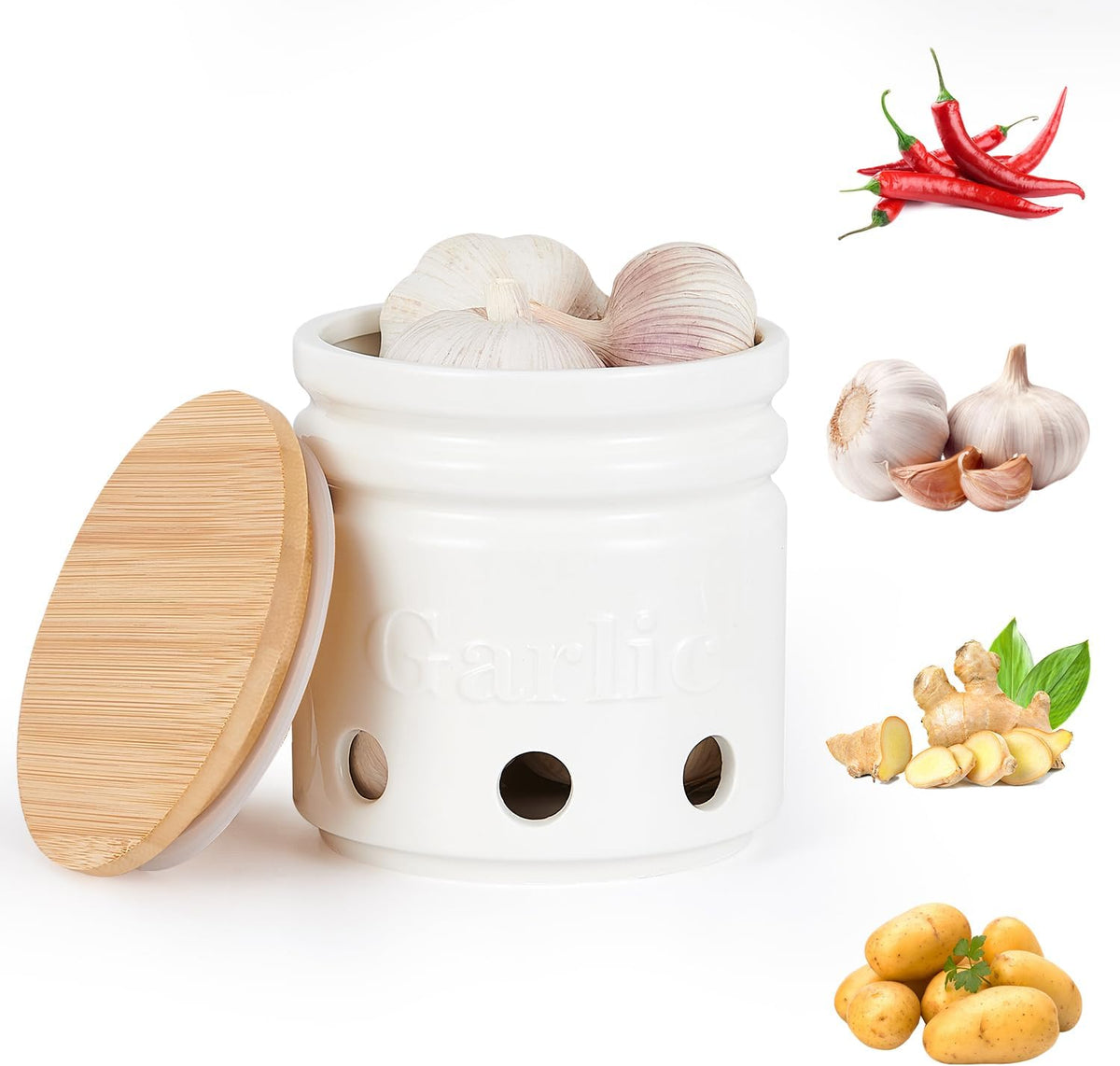 Garlic Keeper for Counter - Garlic Holder with Bamboo Lid,Garlic Container to Keep Your Garlic Cloves Fresh Longer,Large Ceramic Garlic Storage for Kitchen