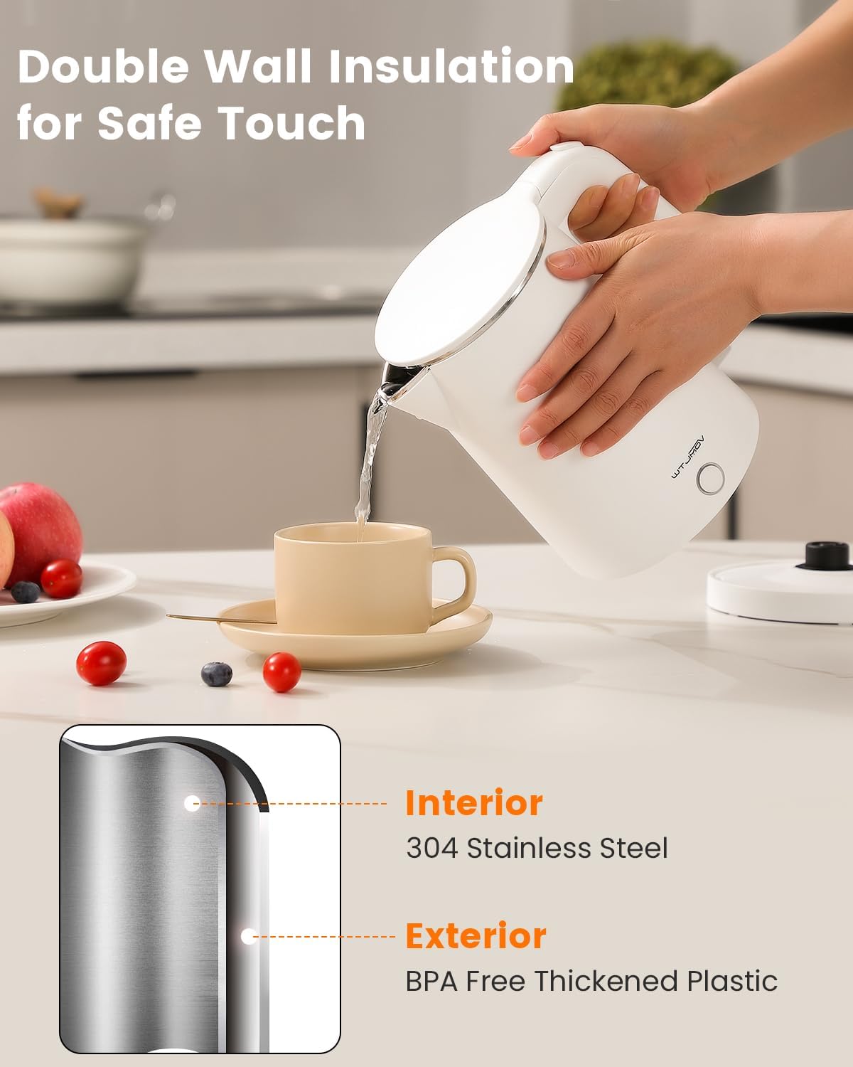 Electric Kettle Stainless Steel, 1.0L Small Water Boiler 1200W Fast Boiling, Double Wall Tea Kettle Pot Automatic Shut Off, Durable Coffee & Tea Maker/Warmer/Heater White