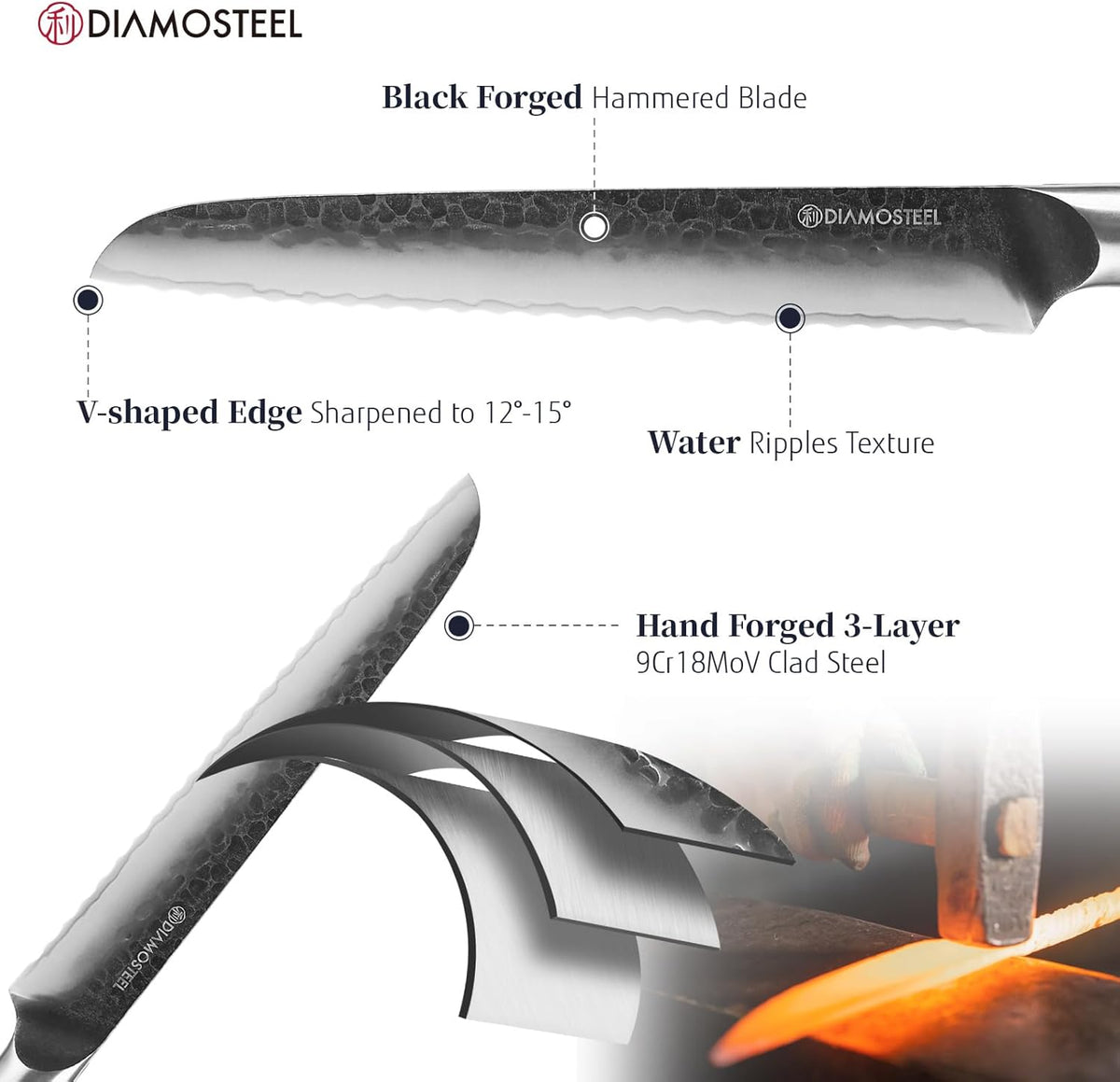 Bread Knife - 8-Inch Serrated Bread Knife - Hammered Black Oxide Blade Japanese 9CR18MOV High Carbon Stainless Steel Sharp Bread Cutter Knife - Ergonomic Pakkawood Handle with Present Box